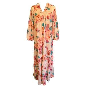 Vtg 1960s Peach Gossard Artemis Floral Long Nightgown & Robe 2 Pc Set Size Med